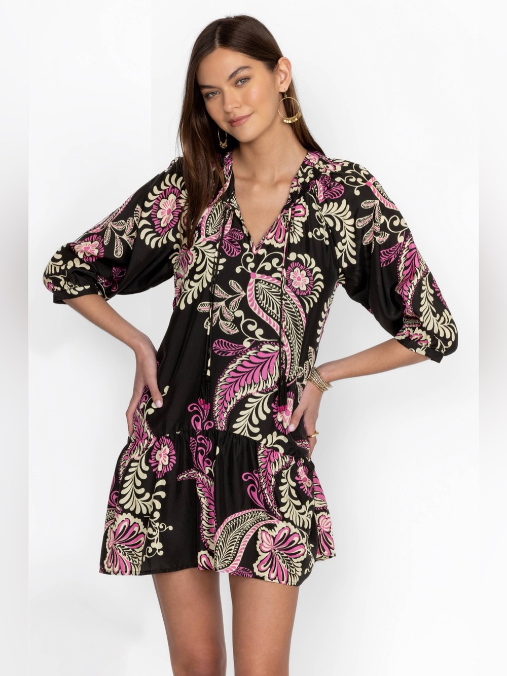NWT Johnny Was Workshop Tiered Tassel Dress Melaney Paisley Black Boho Small